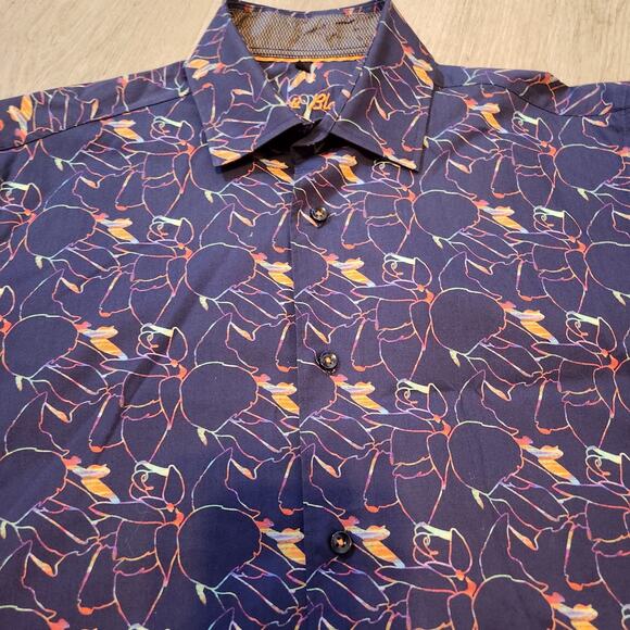 Visconti Black Shirt Mens Small Abstract Floral Neon Contrast Cuffs Long Sleeves - Picture 1 of 9